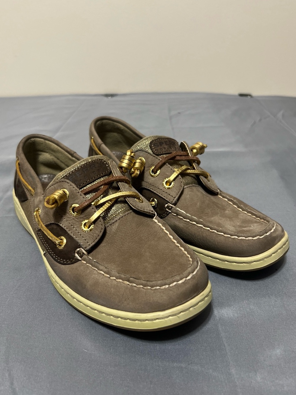 Sperry Top Sider 3 Eye Ivyfish Metallic Linen Boat Shoes W Size 7.5M Greige Gold